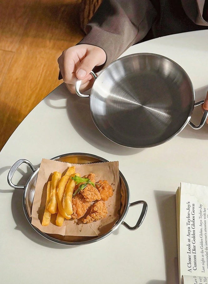 ميدي طقم أطباق من الفولاذ المقاوم للصدأ مكون من 3 قطع - أطباق إفطار ووجبات خفيفة على الطراز الكوري، أطباق منزلية ومطاعم للبطاطس المقلية والدجاج المقلي والبرجر، صواني تقديم معدنية سميكة، أطباق حلويات وفواكه عالية الجودة، طقم أدوات مائدة قابل للتكديس والتخزين - Image 5